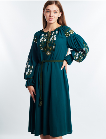 Картинка Вишита сукня темно-зелена