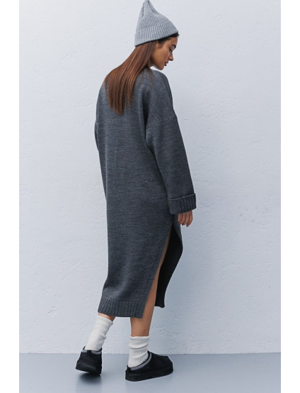 Картинка Темно-сіра в'язана сукня міді з вирізом