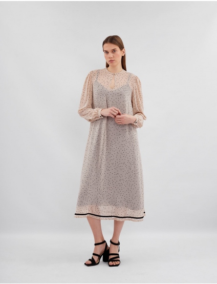 Картинка Сукня міді бежева в чорний горох