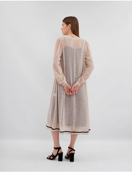 Картинка Сукня міді бежева в чорний горох