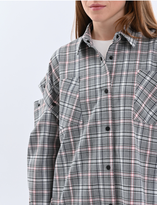 Картинка Сорочка сіро-рожева картата з відстібними рукавами