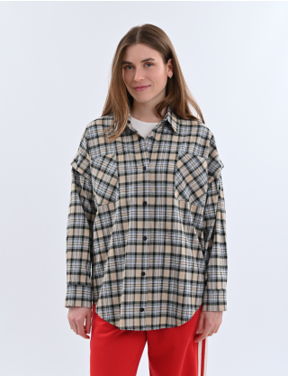 Картинка Сорочка бежево-блакитна картата з відстібними рукавами