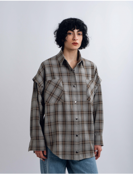 Картинка Сорочка світло-коричнева картата з відстібними рукавами