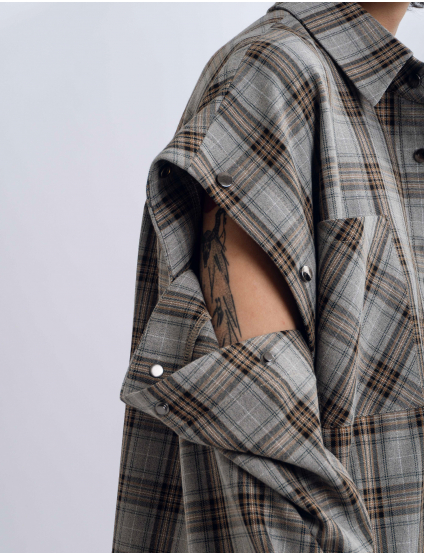 Картинка Сорочка світло-коричнева картата з відстібними рукавами