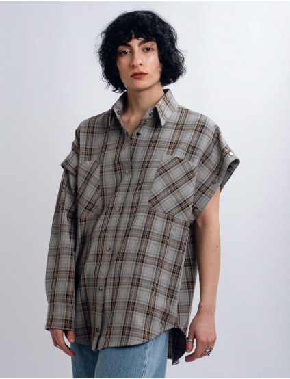 Картинка Сорочка світло-коричнева картата з відстібними рукавами