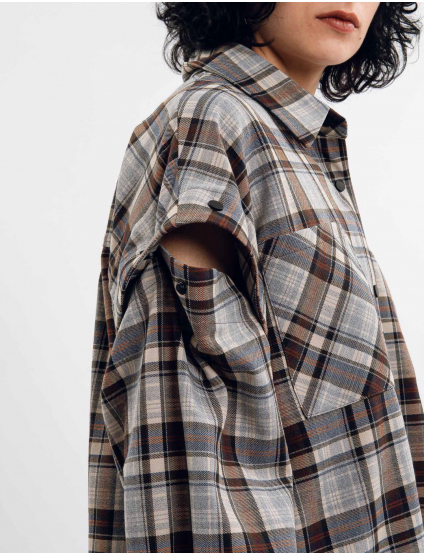 Картинка Сорочка коричнева картата з відстібними рукавами