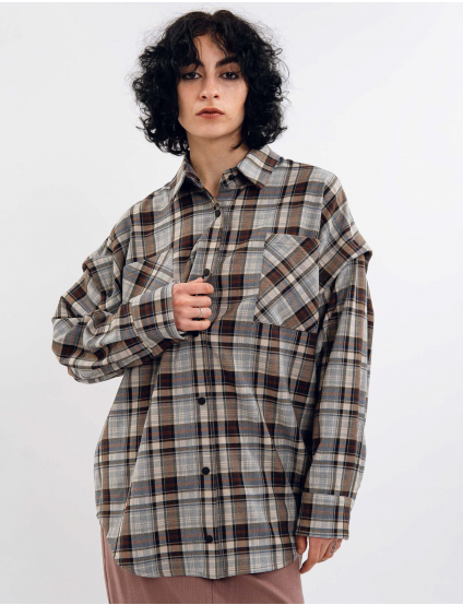 Картинка Сорочка коричнева картата з відстібними рукавами