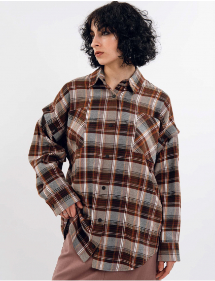 Картинка Сорочка коричнева картата з відстібними рукавами 