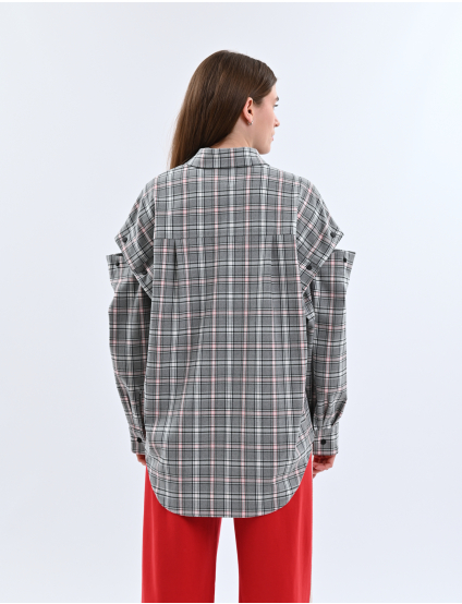 Картинка Сорочка сіро-рожева картата з відстібними рукавами