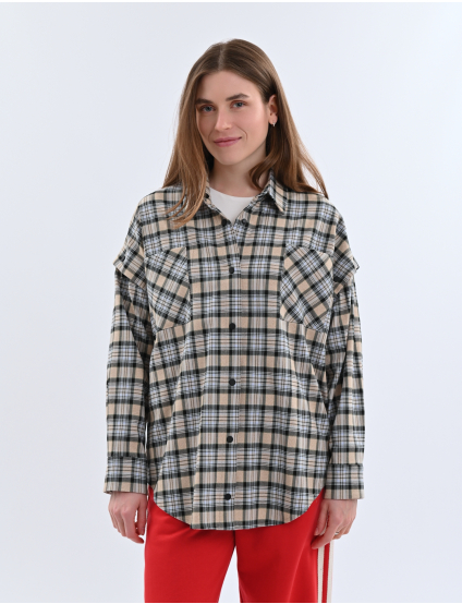 Картинка Сорочка бежево-блакитна картата з відстібними рукавами