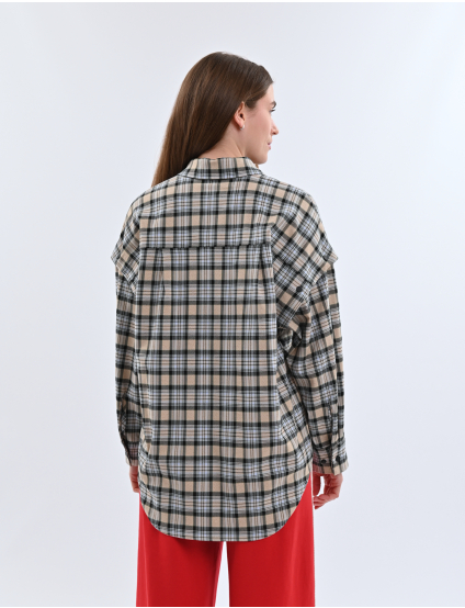 Картинка Сорочка бежево-блакитна картата з відстібними рукавами