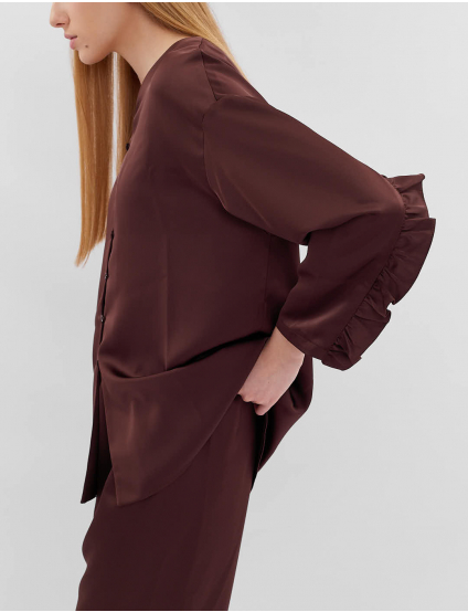Картинка Блуза шовкова з рюшем на спині коричнева