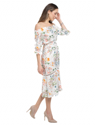 Картинка Сукня міді біла з квітковим принтом та мереживом