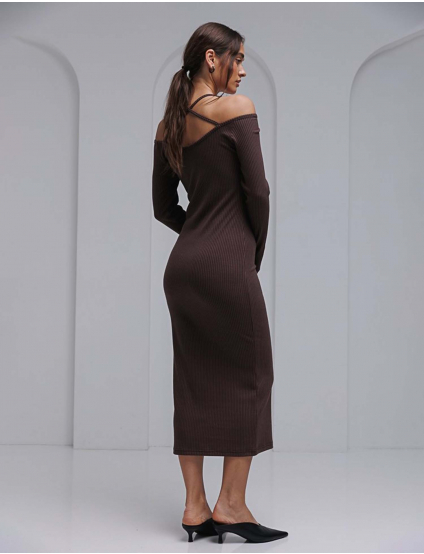 Картинка Сукня міді в рубчик темно-коричнева