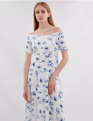 Картинка Сукня міді біла з блакитним принтом