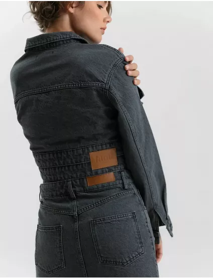Картинка Куртка джинсова з подвійним поясом сіра