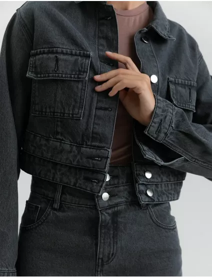 Картинка Куртка джинсова з подвійним поясом сіра