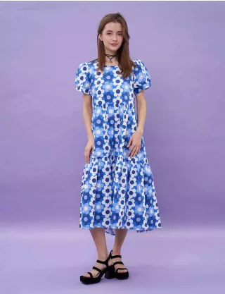 Картинка Сукня міді з біло-синім принтом