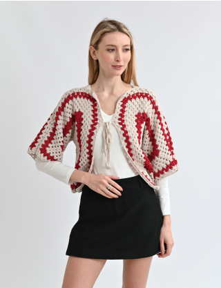 Картинка В’язане болеро бежевий з червоним