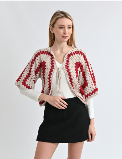 Картинка В’язане болеро бежевий з червоним