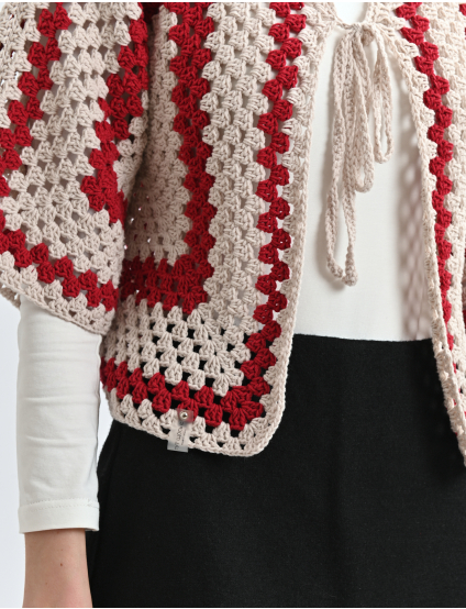 Картинка В’язане болеро бежевий з червоним
