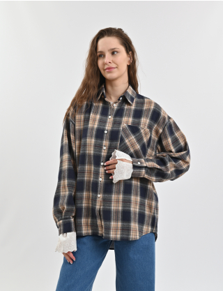Картинка Сорочка в клітинку бежева з темно-синім