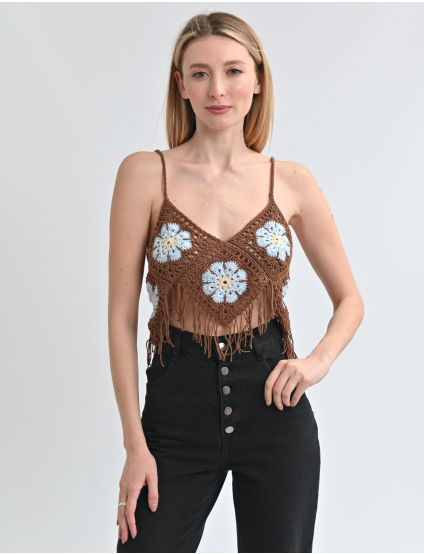 Картинка Топ коричневий з блакитними квітами