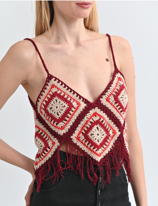 Картинка Топ бордовий з бежевими ромбами