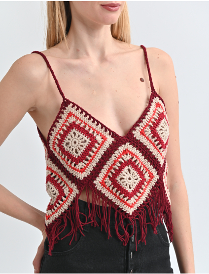 Картинка Топ бордовий з бежевими ромбами