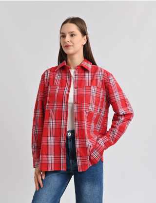 Картинка Сорочка червона в клітинку з накладними кишенями