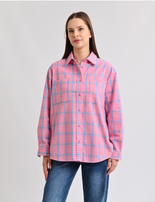 Картинка Сорочка рожева в клітинку з накладними кишенями
