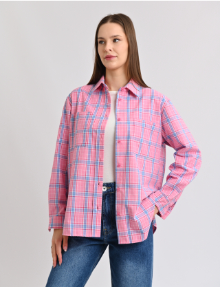 Картинка Сорочка рожева в клітинку з накладними кишенями