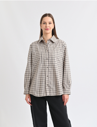 Картинка Сорочка бежева в клітинку з накладними кишенями