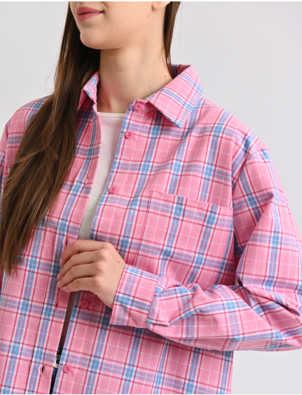 Картинка Сорочка рожева в клітинку з накладними кишенями