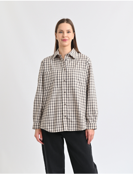 Картинка Сорочка бежева в клітинку з накладними кишенями