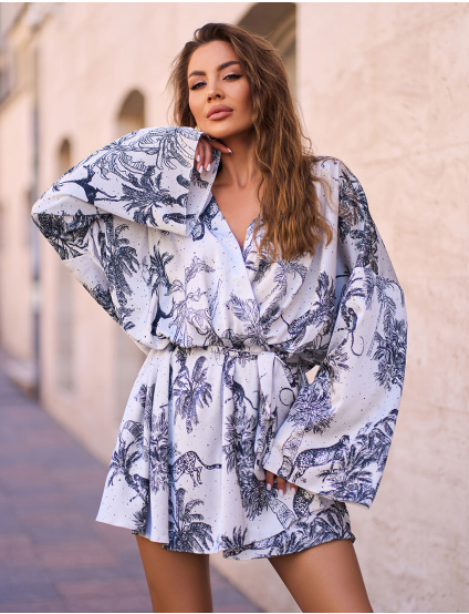 Картинка Сукня міні світло-сіра з принтом 