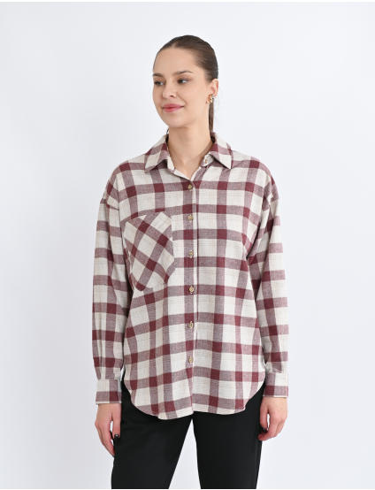 Картинка Сорочка в клітинку з накладною кишенею бордова