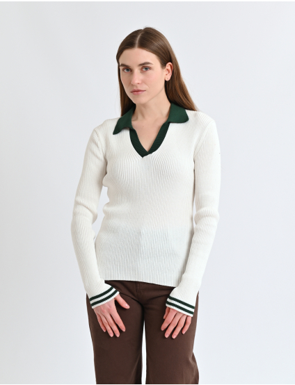 Картинка Лонгслів білий з темно-зеленим коміром