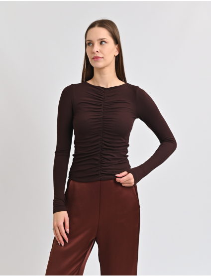 Картинка Лонгслів із декоративними збірками коричневий