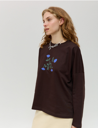Картинка Лонгслів темно-коричневий з принтом 