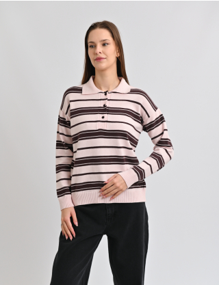 Картинка Светр у смужку з коміром поло рожево-коричневий