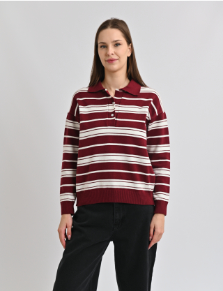 Картинка Светр у смужку з коміром поло бордово-білий