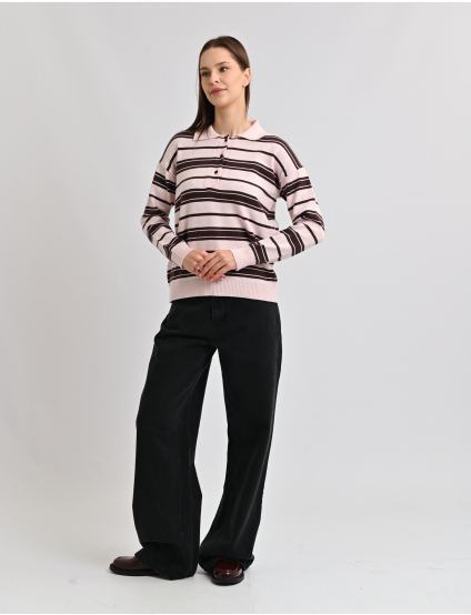 Картинка Светр у смужку з коміром поло рожево-коричневий