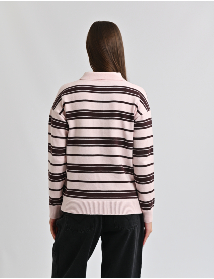 Картинка Светр у смужку з коміром поло рожево-коричневий