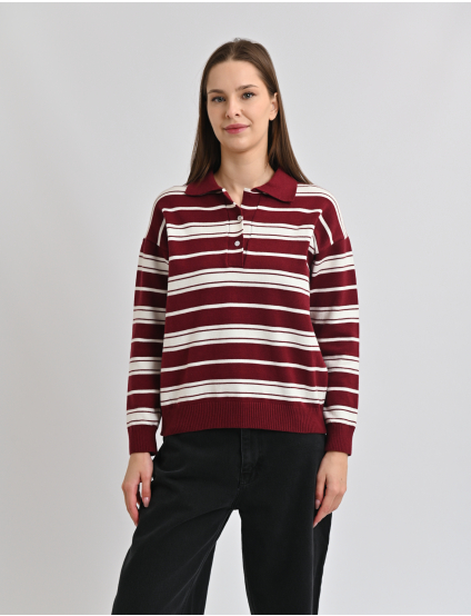 Картинка Светр у смужку з коміром поло бордово-білий