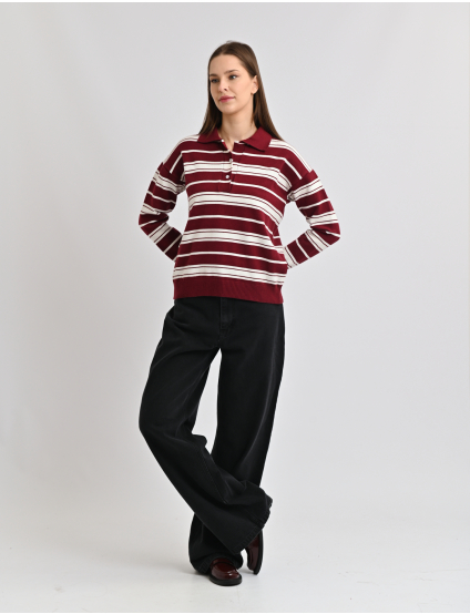 Картинка Светр у смужку з коміром поло бордово-білий