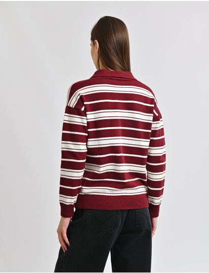 Картинка Светр у смужку з коміром поло бордово-білий