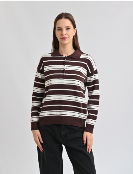 Картинка Светр у смужку з коміром поло коричнево-білий