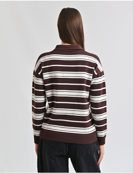 Картинка Светр у смужку з коміром поло коричнево-білий