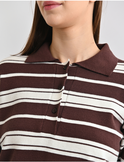 Картинка Светр у смужку з коміром поло коричнево-білий